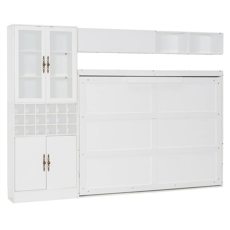 Full/Queen Size Murphy Wall Bed with Sofa, Light and USB Ports, Space Saving Foldable Murphy Cabinet Bed w/ Wine Rack & Shelves