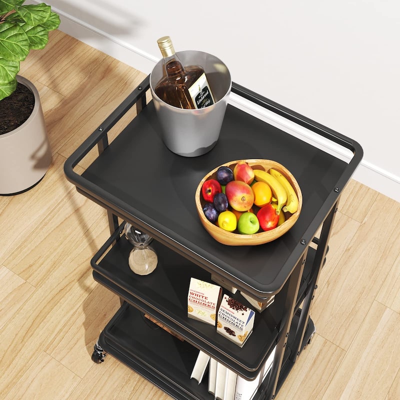 3-Tier Rolling Serving Bar Cart, Wood and Metal Kitchen Island Storage Cart with Wheels, Multifunction Utility Drink Cart