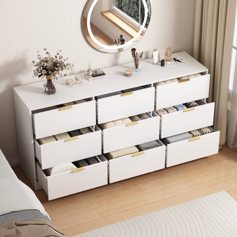 9 Drawer Dresser, 63" Large Deep Chest of Drawers, Wooden Dresser Storage Cabinet with 9 Drawers