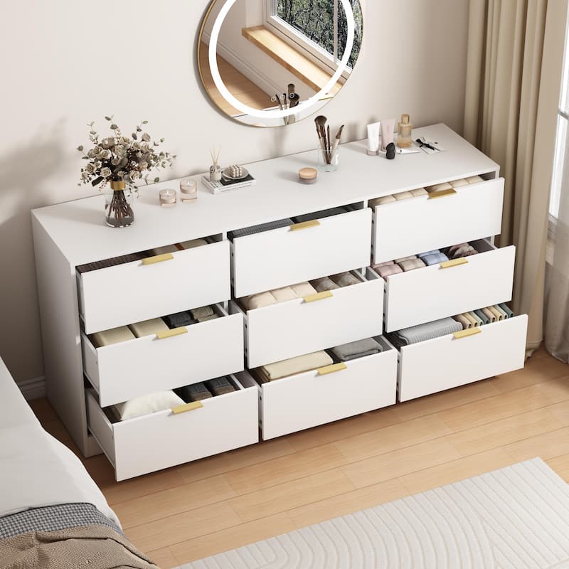 9 Drawer Dresser, 63"Large Deep Chest of Drawers, Wooden Dresser Storage Cabinet with 9 Drawers for Bedroom, Long Dressers