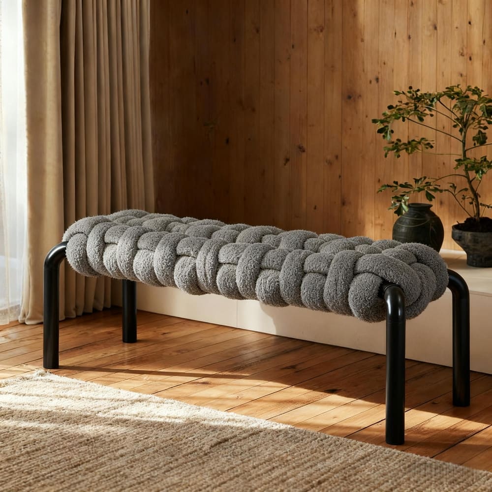 Christopher Knight Home - Teddy Braided Upholstered Bench with Black Metal Legs End-of-Bed Seating