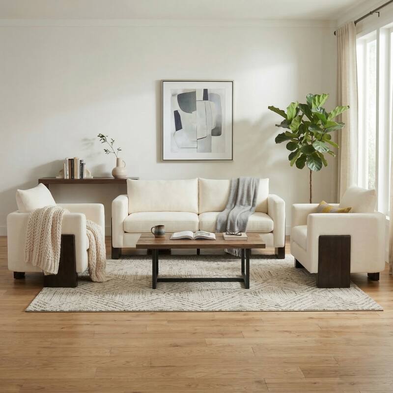 Christopher Knight Home - American Modern 3-Seater Upholstered Sofa and 2 Accent Chairs Set with Rubberwood Legs