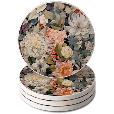 Enchanted Blooms 4 Pack Round Absorbent Stone Coasters with Protective Cork Backing Manufactured in The USA