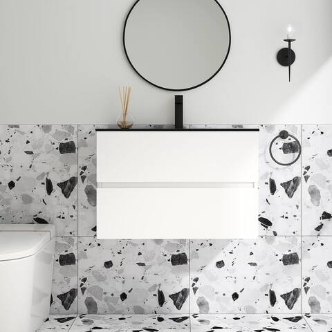 Wall-Mounted Bathroom Vanity Set in White with Black Quartz Top and Integrated Sink