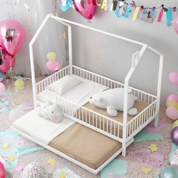 slide 2 of 17, Twin Size House Bed with Semi-enclosed Fence and Twin Size Trundle White