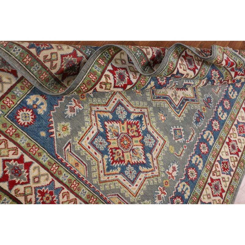 Geometric Kazak Rug Hand-Knotted Grey Wool Carpet - 4'11" x 6'9"
