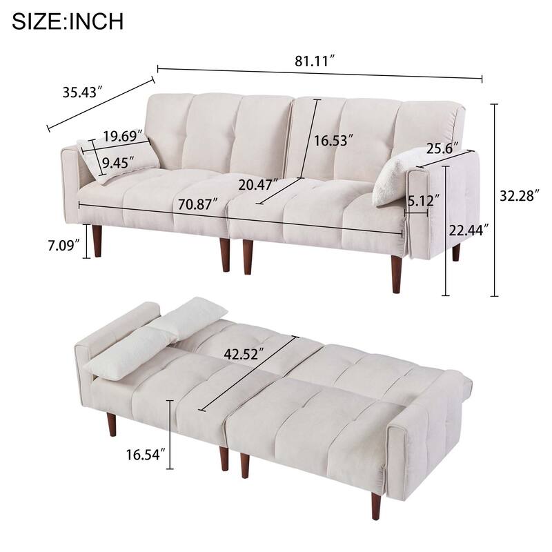 Convertible Futon Sofa Bed, Adjustable Couch Sleeper, Modern Fabric Linen Upholstered Futon Sofa bed with 2 Pillows