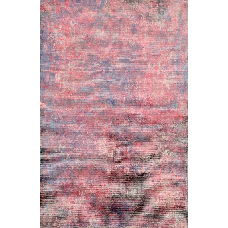 Hand Knotted Oriental Viscose Silk Carpet Modern Abstract Pink Abstract Area Rug - 7' 6'' X 5' 5''