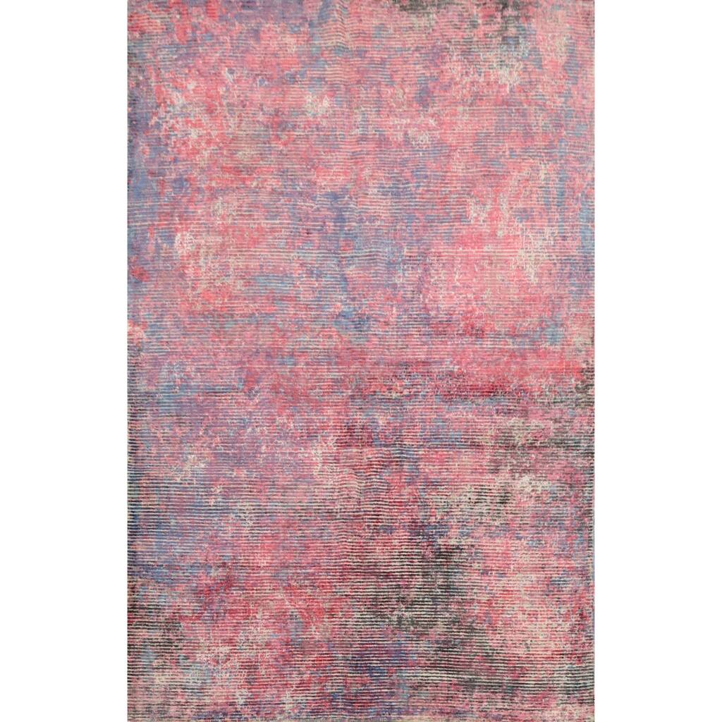Hand Knotted Oriental Viscose Silk Carpet Modern Abstract Pink Abstract Area Rug - 7' 6'' X 5' 5''