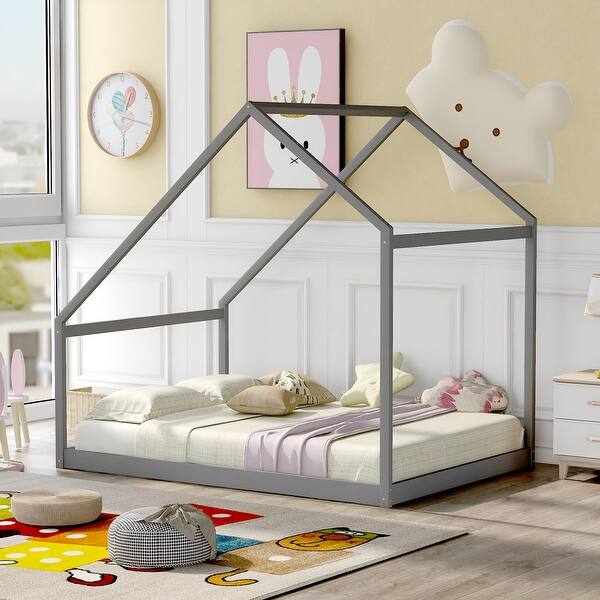slide 2 of 8, Full Size Wooden House Bed Frame for Kids Stylish and Space-Saving Design