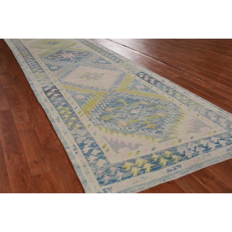 Hand Knotted Oriental 100% Wool Carpet Transitional Geometric Navy Blue & Blues Oushak Runner Rug - 13' 1'' X 3' 4''