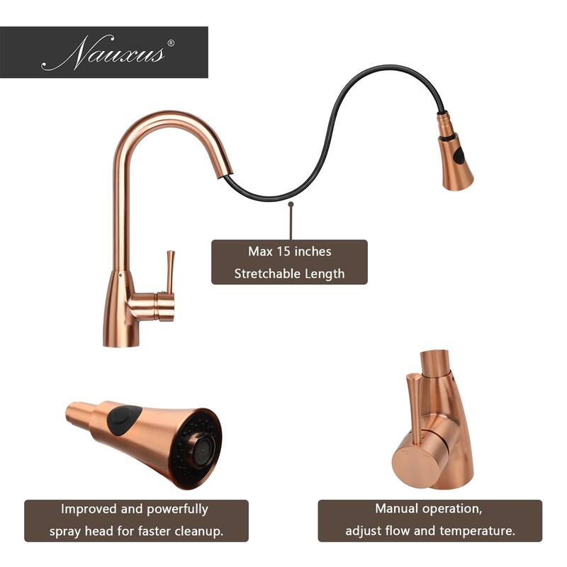 Copper Pull Down Kitchen Faucet with Deck Plate Modern Style - 8.4x16"