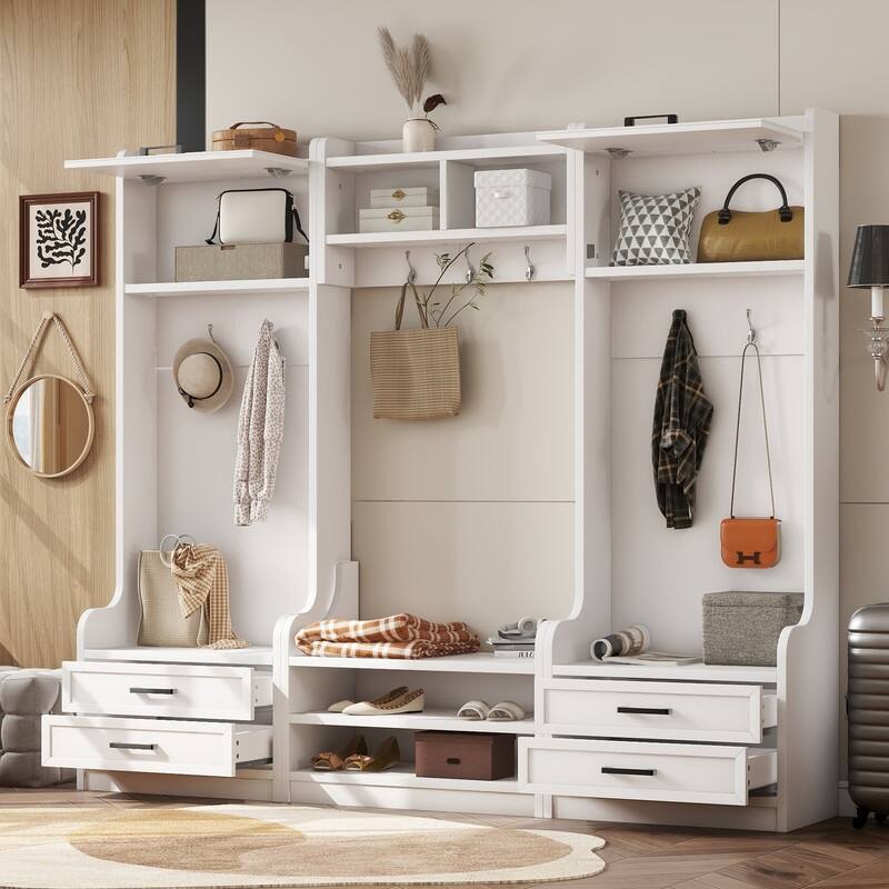 4-in-1 Detachable Hall Tree with Storage Cabinets and Hooks, Multifunctional Hallway Coat Rack with Drawers and Shoe Bench - White