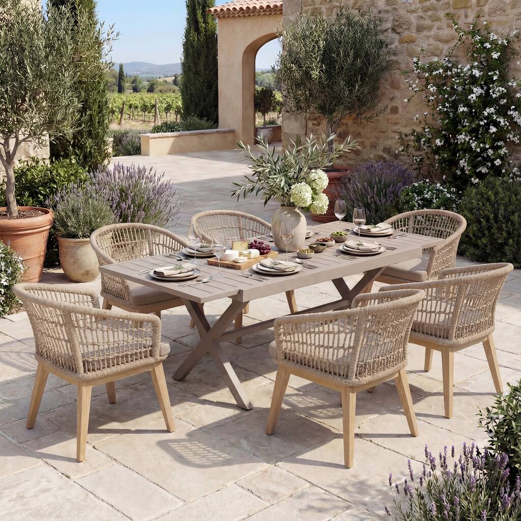 Expandable Aluminum Outdoor Dining Table with 6 Rope Woven Chairs