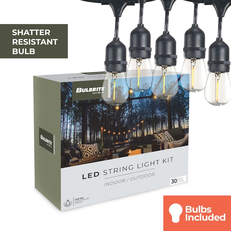 Bulbrite 30-foot Indoor/Outdoor String Light Kit with Clear Shatter Resistant Vintage Style S14 LED Light Bulbs
