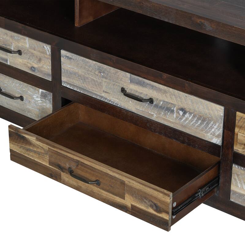64" Distressed Wood TV Stand, 6 Drawer Storage & 3 Shelves, Cable Management - Farmhouse Style