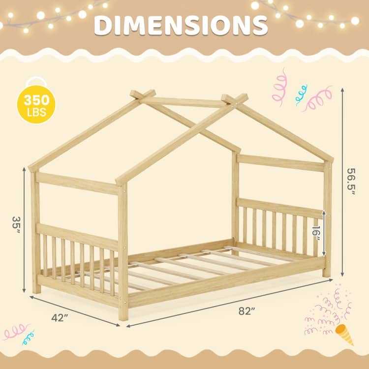 Twin House Bed Frame for Kids with Roof Design and Wood Slat Support
