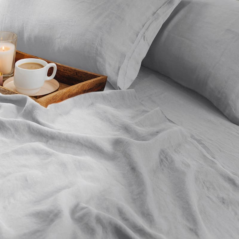 European Garment Washed Linen Extra Deep Pocket Bed Sheet Set - Cal King - Silver Grey