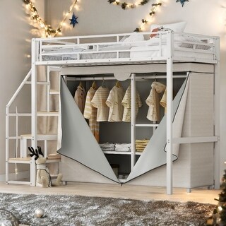 Twin Size Metal Bed with Storage Wardrobe and Staircase,White