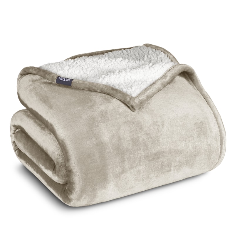 Bare Home Sherpa Fleece Blanket - Reversible Plush Bed Blanket - Full/Queen - Oyster