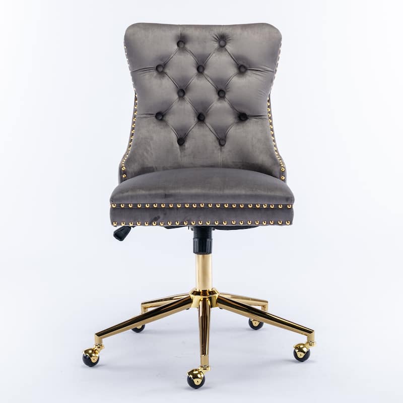 Roomfitters Velvet Tufted Office Chair, Adjustable Swivel Desk Chair with Gold Metal Base, Nailhead Trim Vanity Chair