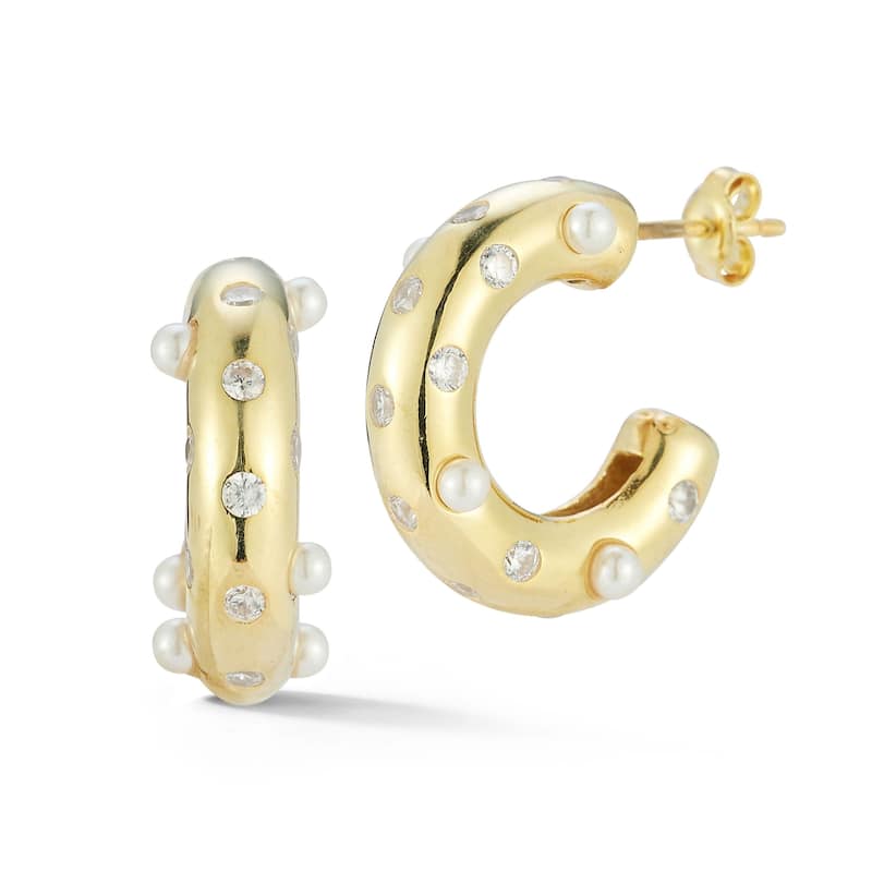 Soleil Sterling Silver CZ and Freshwater Pearl Bold C-Hoop Earrings - Yellow