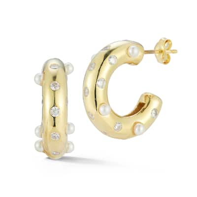 Soleil Sterling Silver CZ and Freshwater Pearl Bold C-Hoop Earrings