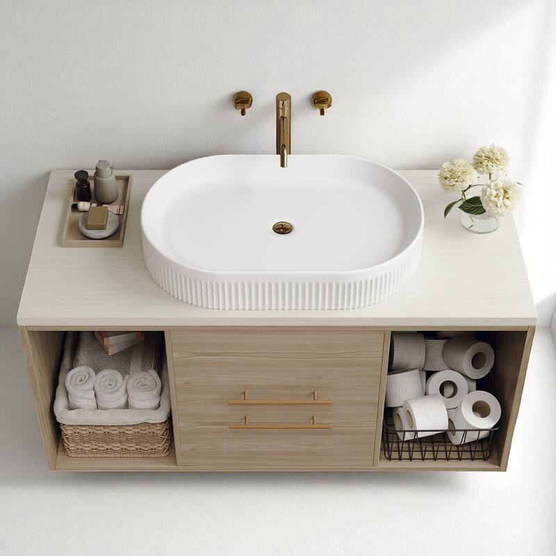 Wall-Mounted Bathroom Vanity with Ceramic Sink, 38.2" Floating Cabinet with Drawers & Shelves, Soft-Close Storage