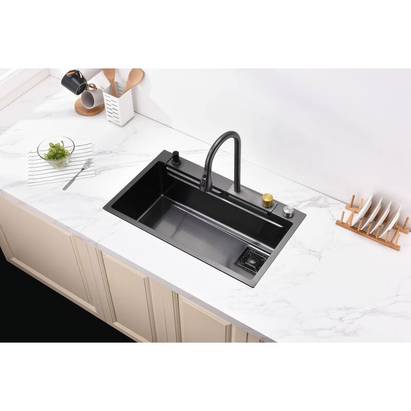 Black 30 Inch Single Bowl Stainless Steel Base Kitchen Sink with Pull-Out Faucet, Cutting Board, Nested Basin