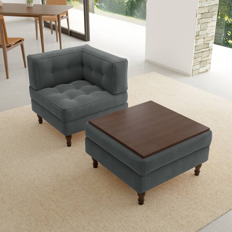 Corduroy Tufted Accent Chair Armchair and Ottoman Set