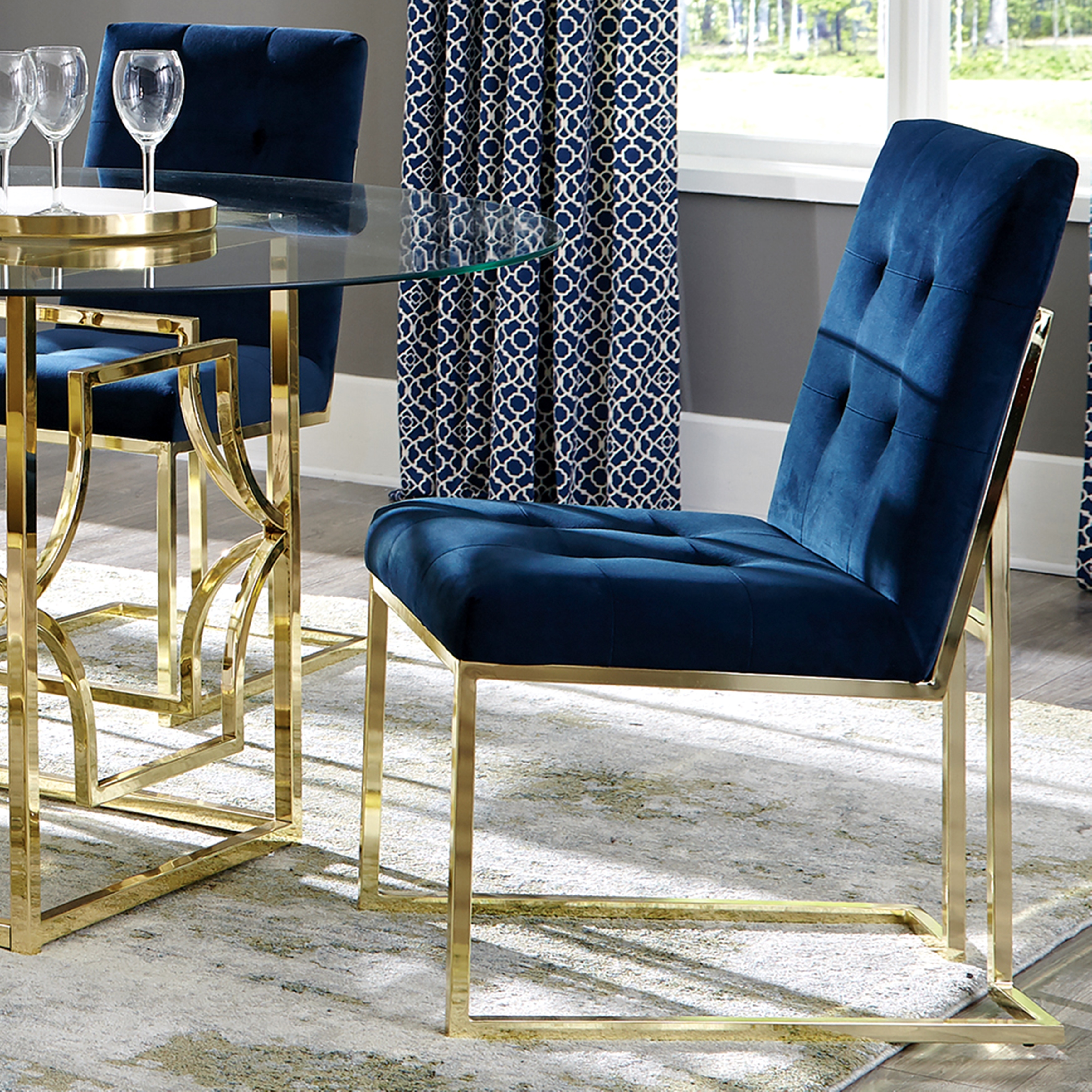 Modern Elegant Button Tufted Blue Velvet and Brass Dining Chairs Set of 2