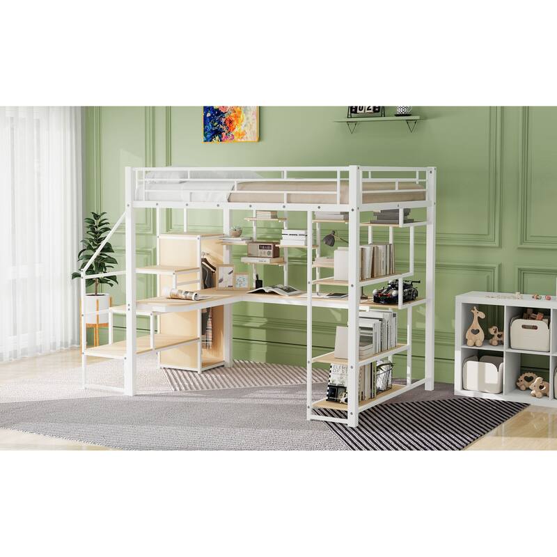 Full Size Metal Loft Bed with Built-In Desk, Storage Staircase, Small Wardrobe & 3-Tier Shelves