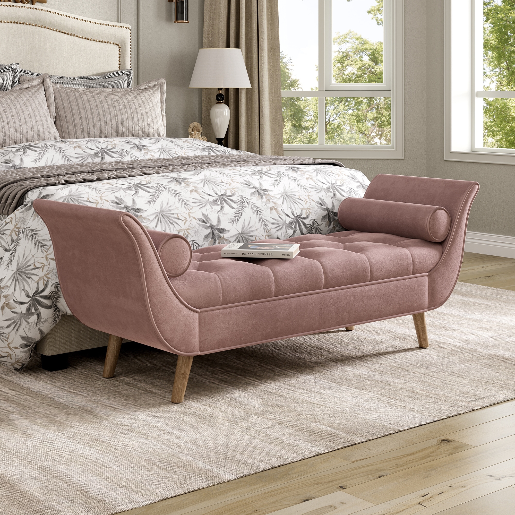 Upholstered Velvet Bench, End of Bed Bench with 2 Pillows, Upholstered Button Tufted Ottoman, Footstool with Rolled Arms