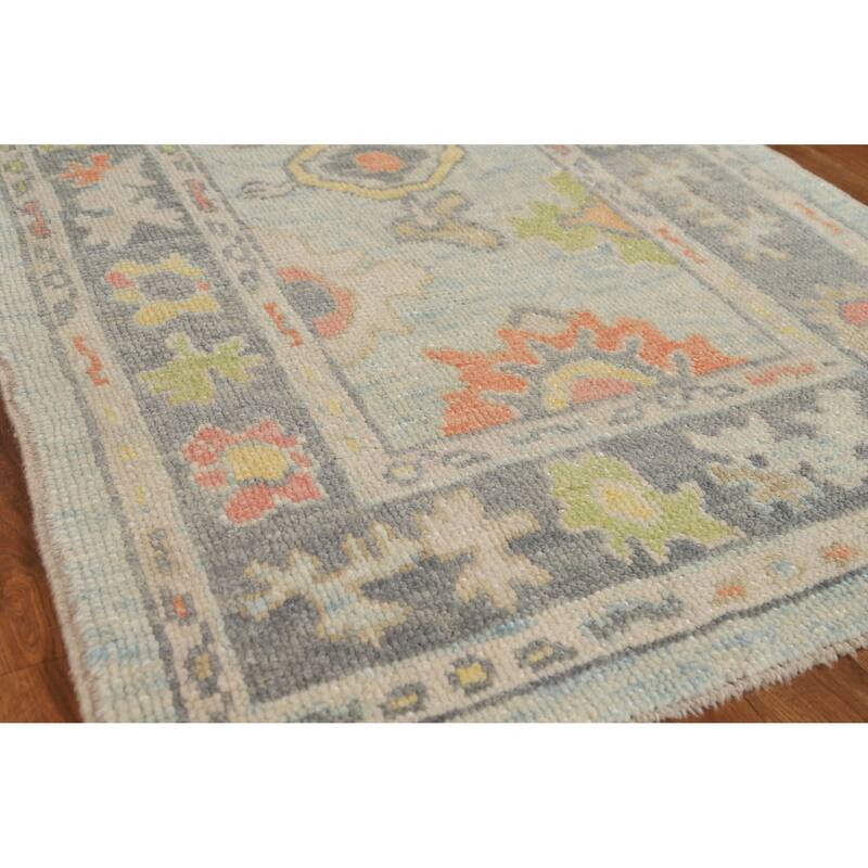 Hand Knotted Oriental 100% Wool Carpet Transitional Floral Navy Blue & Blues Oushak Runner Rug - 10' 9'' X 2' 11''