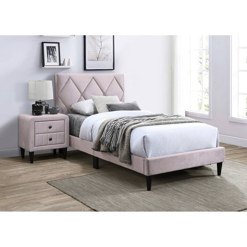 Adjustable Velvet Upholstered Twin Bed with Tufted Headboard, Light Pink Youth Bedroom Furniture