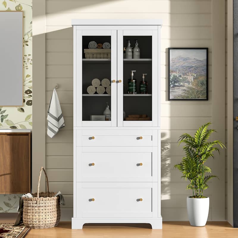 70.1-Inch Modern Freestanding Tall Storage Cabinet with 2 Adjustable Shelves & 3 Soft-Close Drawers – Glass Door Design.
