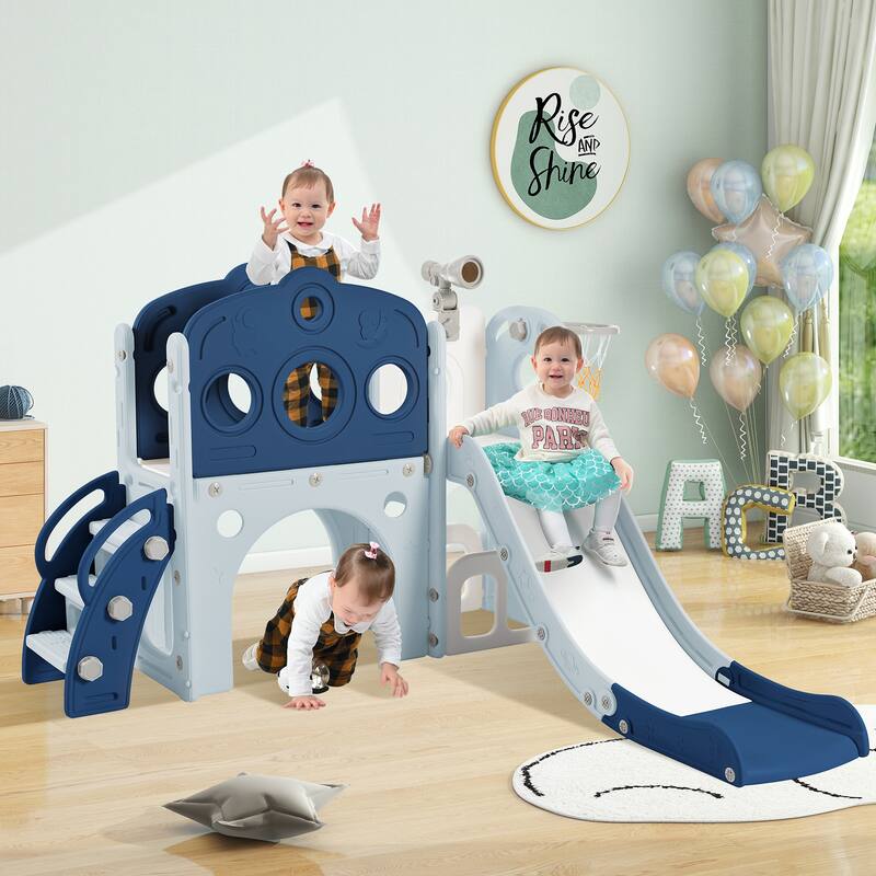 Freestanding Spaceship Set with Slide, Arch Tunnel and Basketball Hoop, Toy Storage Organizer for Toddlers, Kids Climbers - Blue