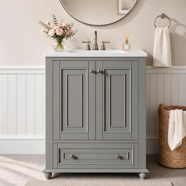 slide 2 of 35, 24 Inch Solid Rubberwood Bathroom Vanity with Integrated Ceramic Sink & Soft-Close Hinges - 24"