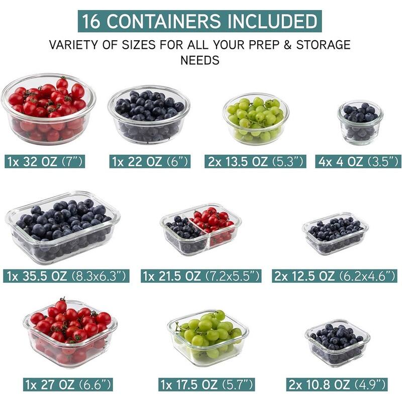 COOK WITH COLOR Premium 32-Pc. Borosilicate Glass Food Container Set with Dividers Leakproof Lids - Meal Prep, Storage
