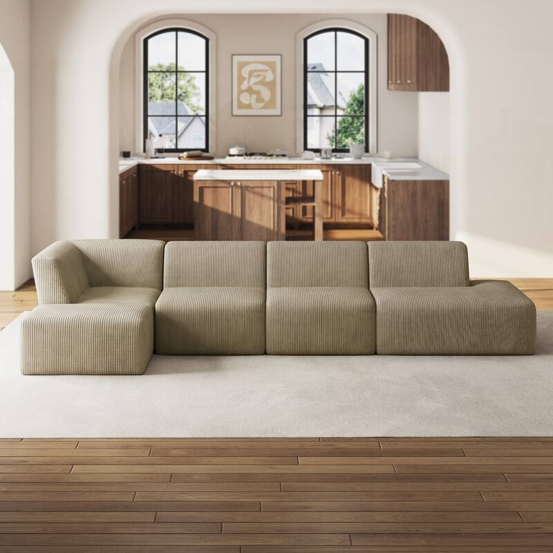 Corduroy Fully Sponge Molded Modular Sectional Sofa with Ottoman - Khaki-5 Piece - Right Facing