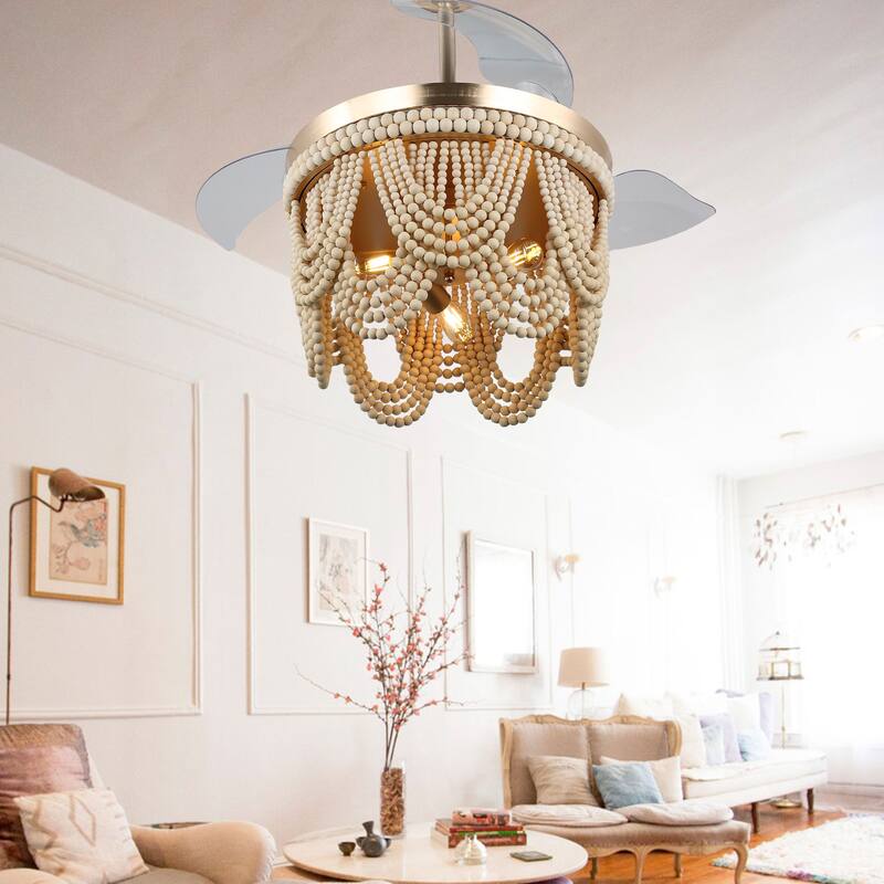 Cusp Barn 42" Retractable Ceiling Fan with Light,Farmhouse Bohemian Chic Fan Light,Wooden Bead Chandelier,Quiet DC Motor,6 Speed