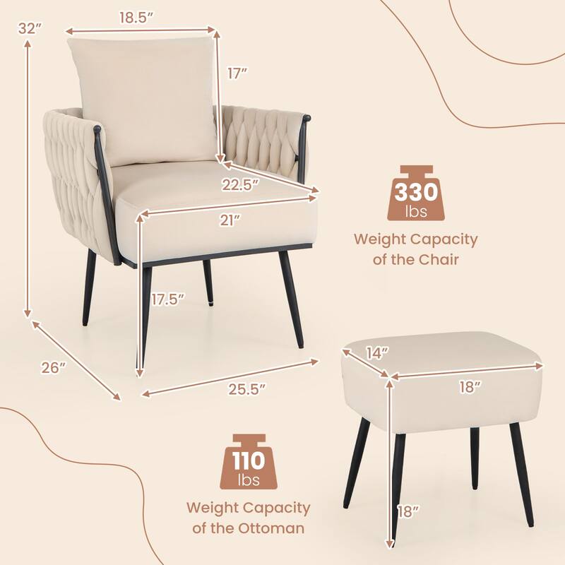 Dutch Velvet Accent Chair with Ottoman and Pillow on Black Metal Frame - 26” x 25.5” x 32”
