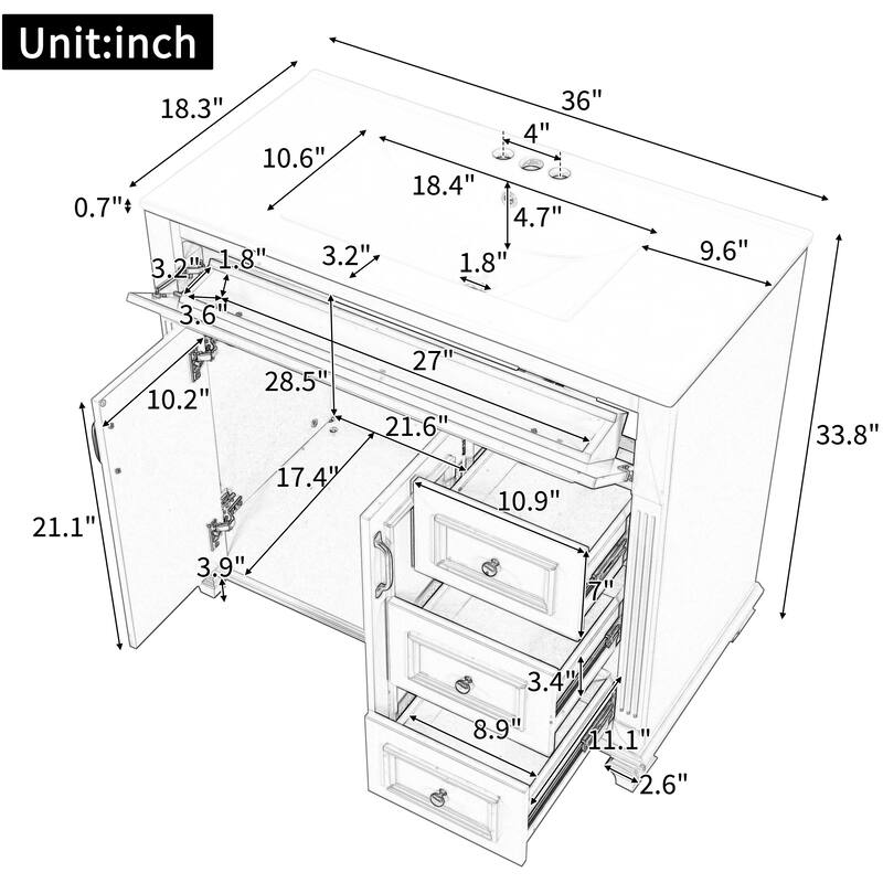 Roomfitters 36" Bathroom Vanity with Sink, Flip-Out Drawer, 3 Drawers, Soft-Close Doors, Solid Wood Cabinet