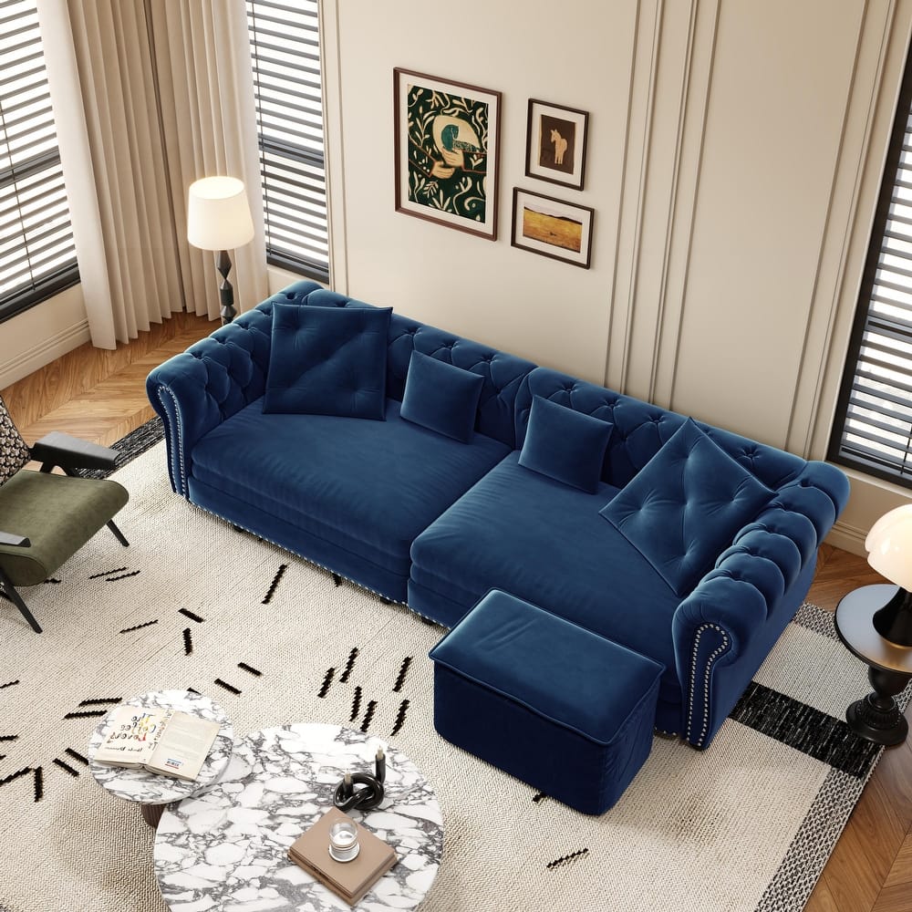 3-in-1 Convertible Pull-Out Sofa Bed w/ Movable Ottoman & 4 Pillows, Velvet Upholstered Rolled Arms Sleeper Couch for Apartment