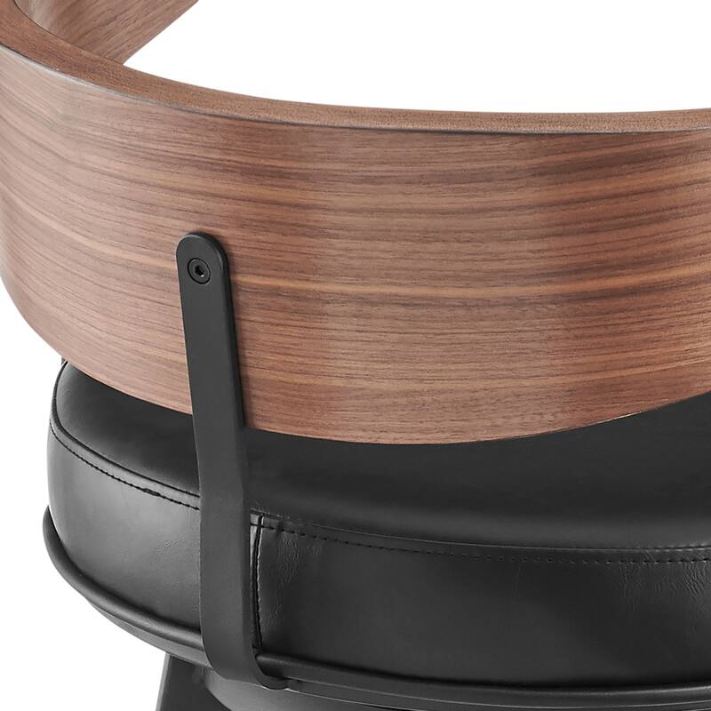 Black Faux Leather Bar Height Chair with Wood Arms, Footrest and Low Back - 20.5” x 20.5” x 38” (D x W x H)