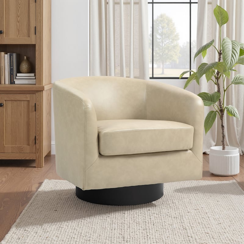 2 Set Modern Wide Round Swivel Accent Barrel Chairs - Faux Leather - P-Cream-Single