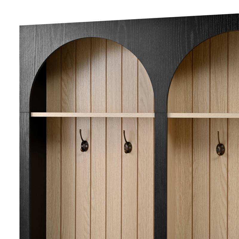 Farmhouse Hall Tree Bench with Arched Design, 8 Hooks & 3 Storage Drawers, 59" Wide Entryway Coat Rack