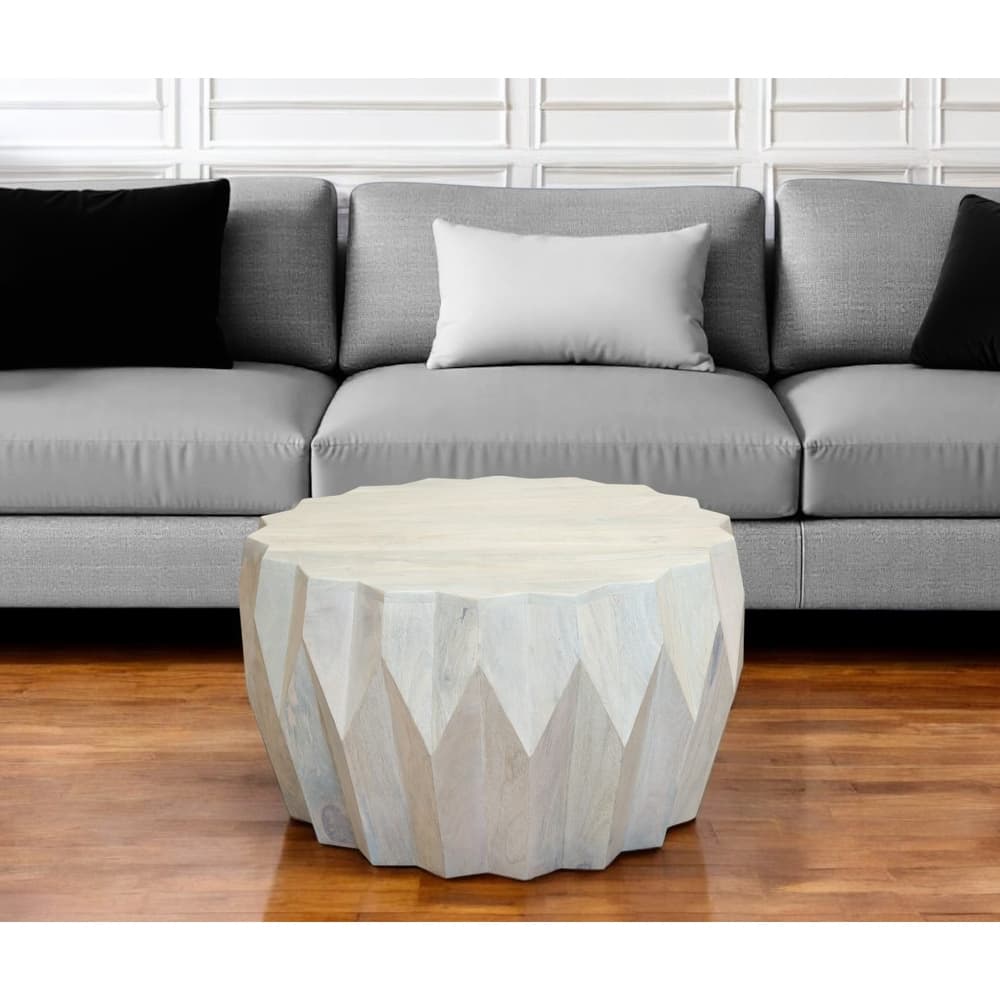 HomeRoots 32" Off White Solid Wood Round Block Coffee Table - 32' X '18' X '32