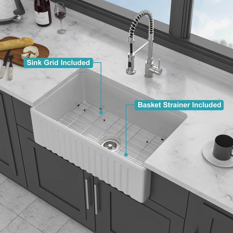 30" White Farmhouse Sink - Kitchen Sink Apron-front White Porcelain Ceramic Reversible Single Bowl Kitchen Farm Sinks