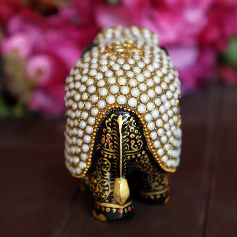 Cottage Handicraft - Handcrafted Pearl Embellished Elephant, Vintage Elephant Wooden Sculpture for Living room Home Decor Gift